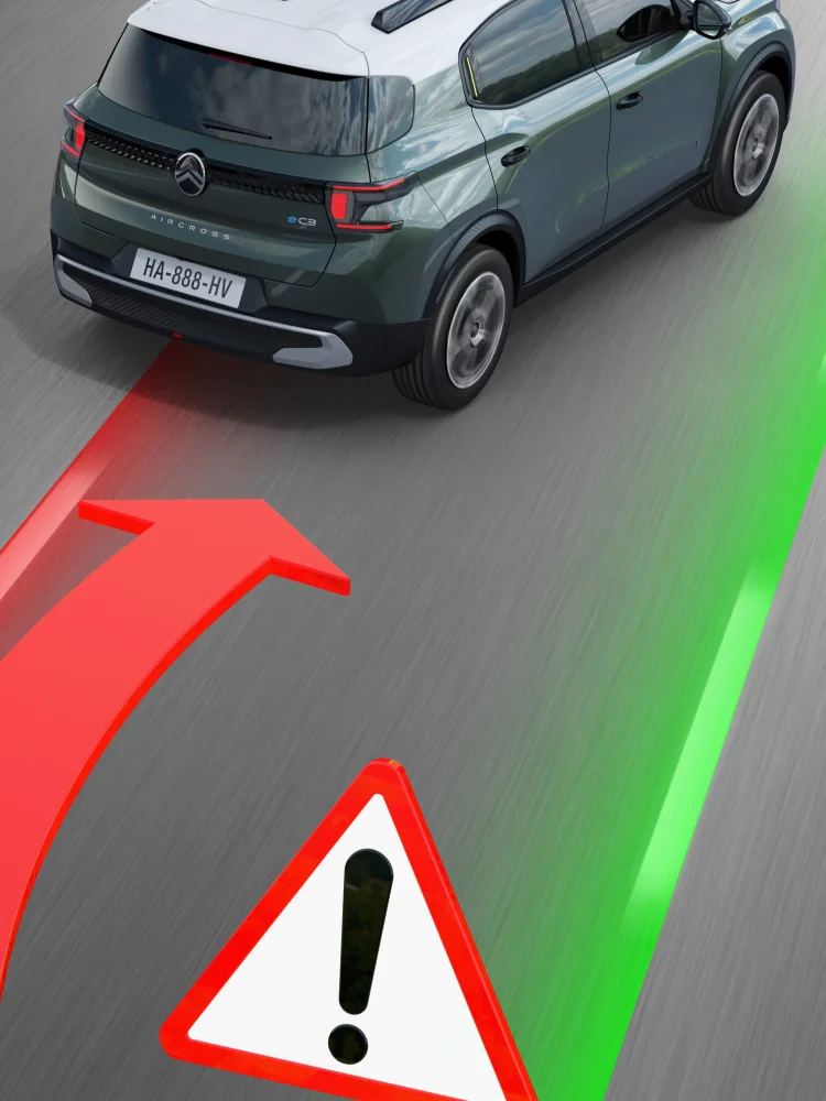 Vista trasera en carretera del Citroën C3 Aircross SUV destacando alerta de cambio de carril para una movilidad más segura, controlada y asequible.