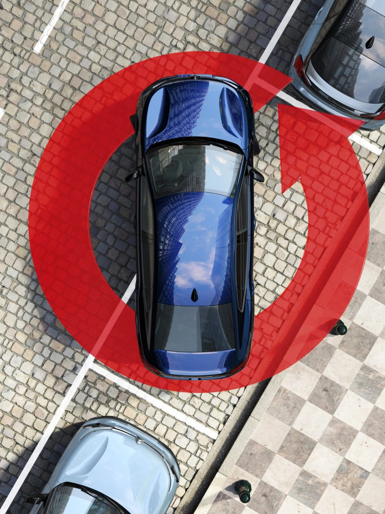Vista cenital del Citroën ë‑C4 X con cámara 360° mostrando alrededores completos para maniobras fáciles.